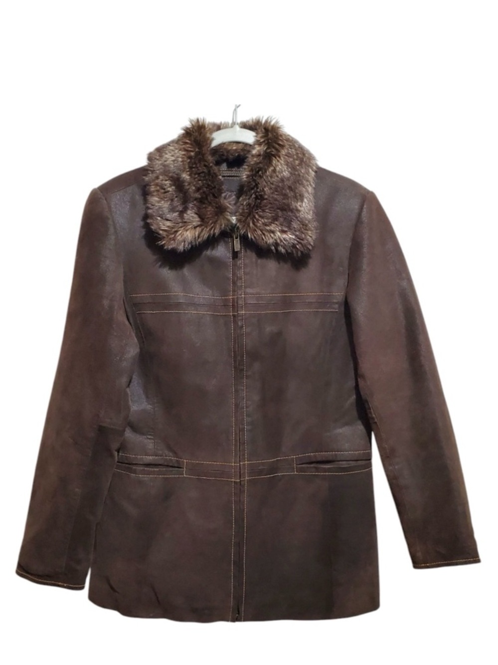 Vintage Lee Womens Brown Leather Jacket Faux Fur Removable Collar M Y2K